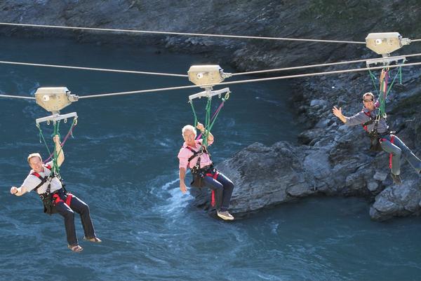 Look no hands &#8211; enjoying the new Kawarau Zipride are (R) Henry van Asch, AJ Hackett board member Andy Brinsley (centre) and CEO Dave Mitchell (obscured).